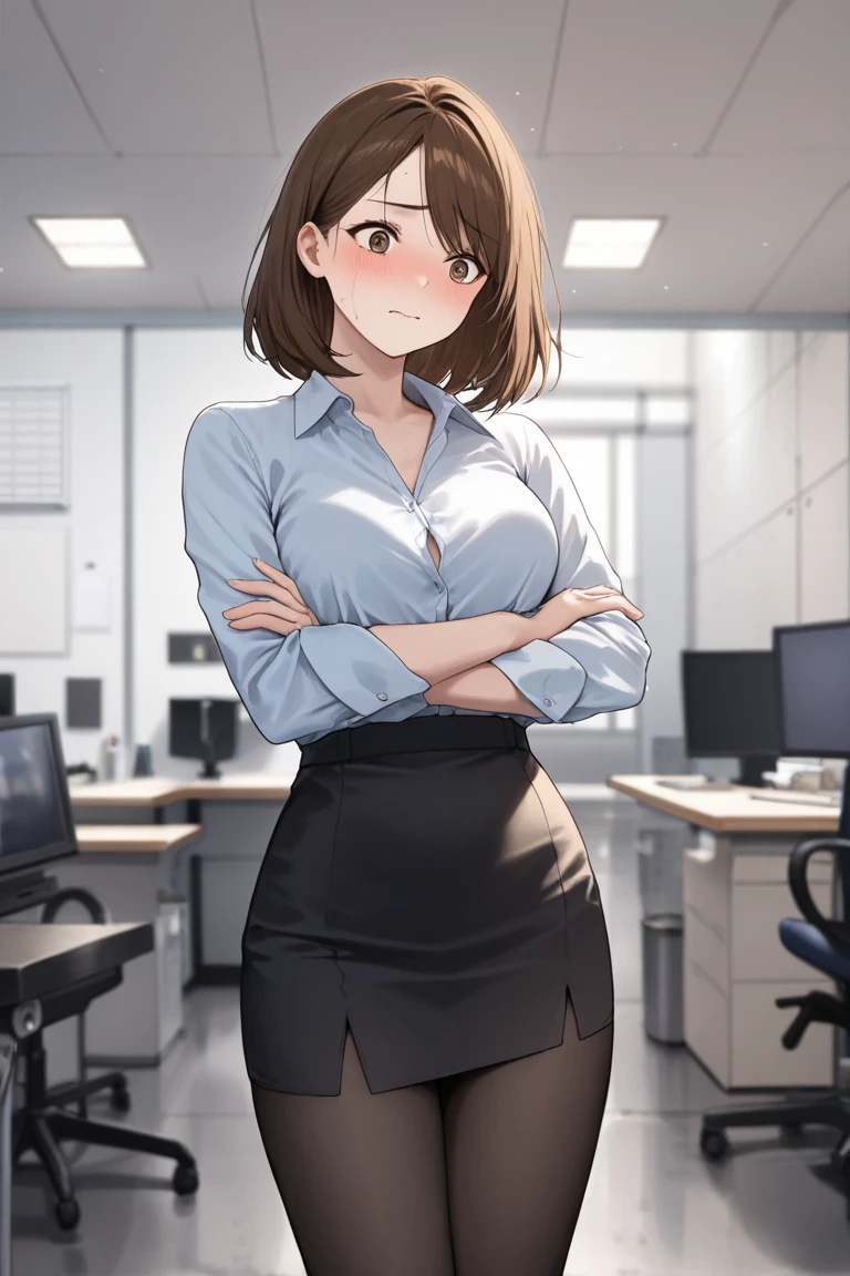 ((4K, 8k, Highest quality, Perfect Fingers, High resolution)), One pretty woman, Laughter, smile, Beautiful woman, Straight hair, Brown Hair, short hair, Woman in a grey shirt, Woman in a business suit, mini skirt, Businesswoman