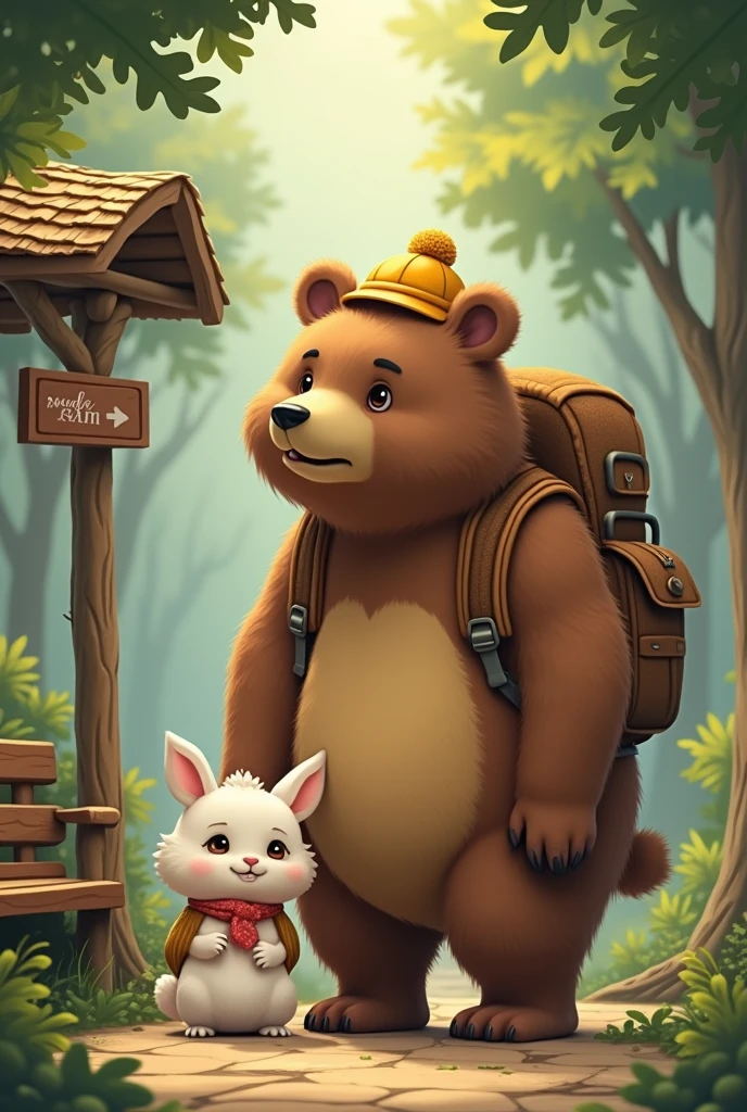 Two friends standing in front of the bus stop. and a very small and cute ENFP rabbit that is very small and cute like a cotton ball, and the outside is a big and cute ENFP rabbit It looks scary, but the INFJ bear is so pure and kind. The rabbit and bear are carrying backpacks, waiting for the bus at the bus stop. At school, these rabbits and bears are best friends. A very small and cute rabbit and the, The kind, pure, and introverted, and incredibly big scary bear is waiting for the bus at the bus stop. background is a bus stop used by animals in the forest. You can also see a forest landscape, a bus stop made of tree branches, and a wooden chair inside the bus stop. A very large bear and a very small rabbit standing next to the bus stop sign. The size difference between the two is huge.. There is a bus stop sign with a picture of a bus, and a bear and a rabbit stand next to it. The bear and rabbit are wearing small yellow kindergarten hats.