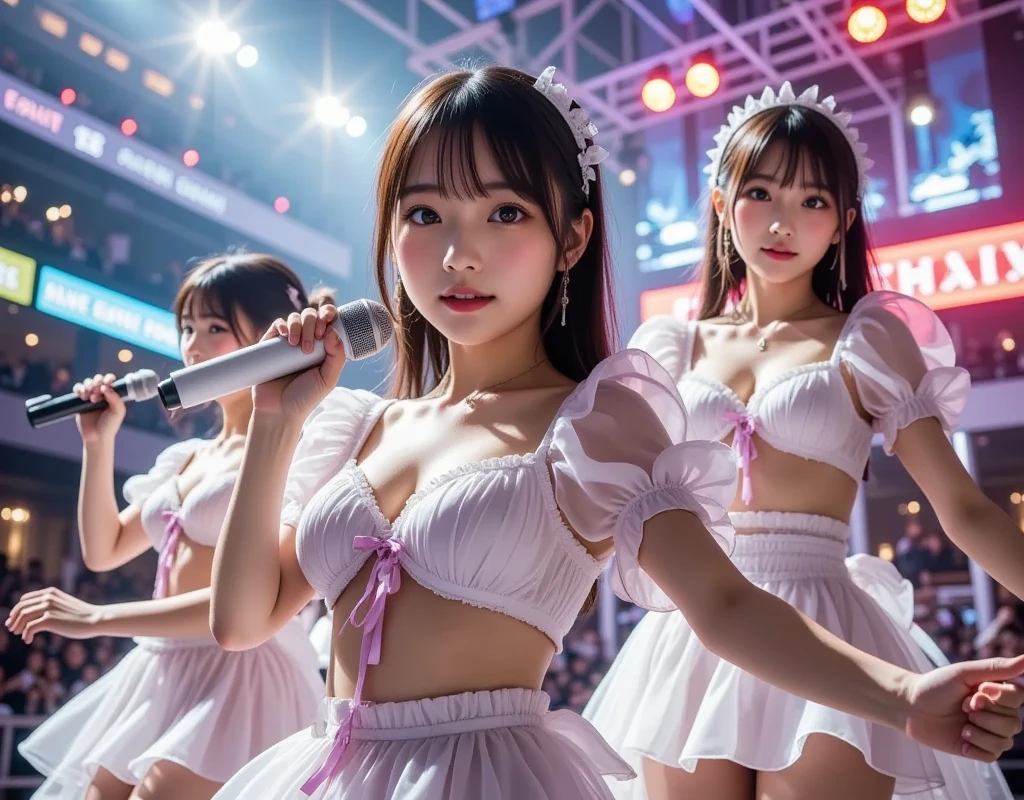 smile、Big Breasts、Nipples、Three girls standing side by side、Short Hair、ponytail、1 Female、(Super beautiful)、(Facial beauty:1.5)、(Spread your legs:1.3)、(String panties:1.5)、concert、stage、Idol、dress、one piece、White socks、(uniform、長袖 dress:1.5)、Black High Heels、(At SFW:1.3)、(Bare legs:1.1)