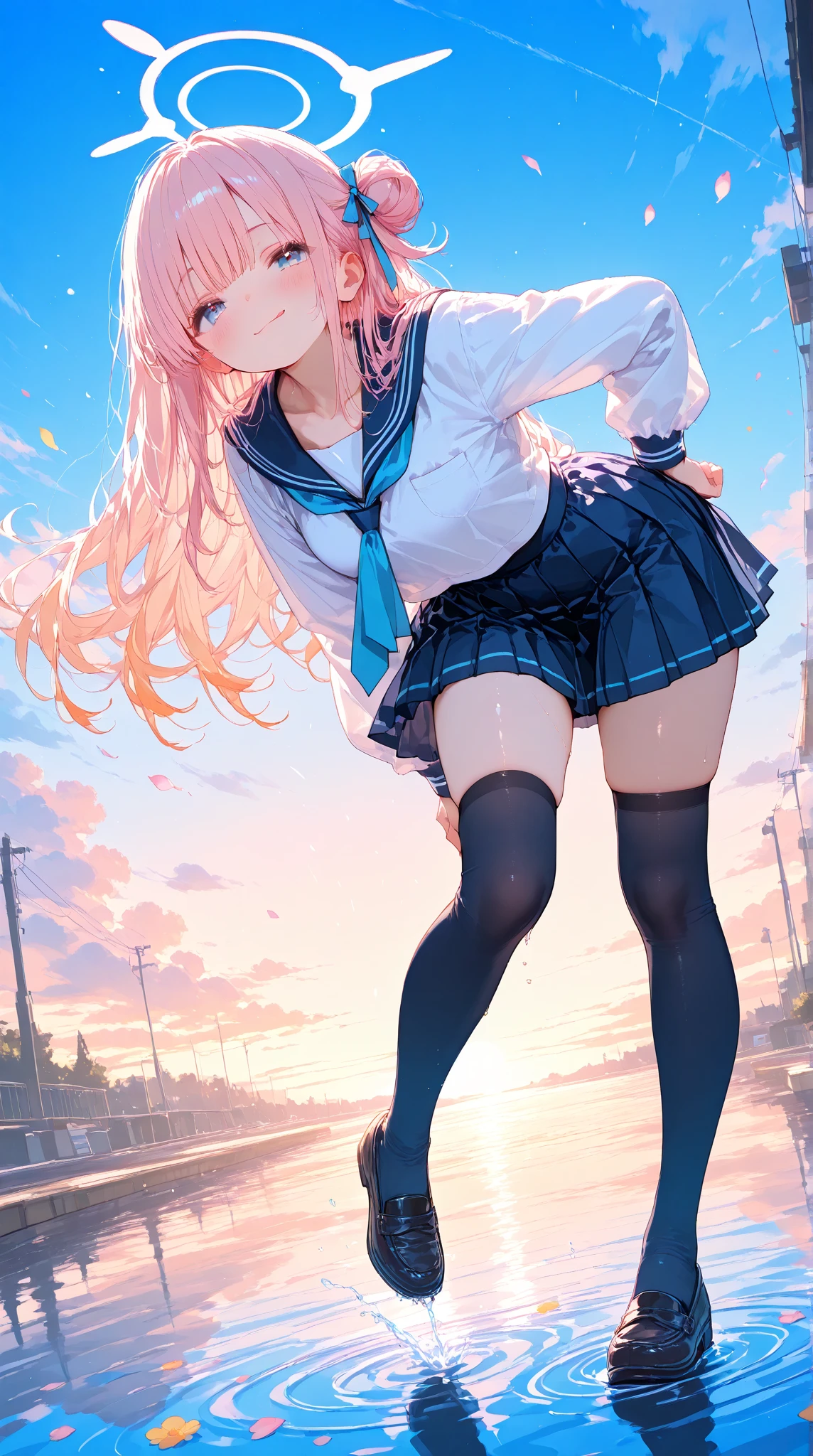 Official fine art，tmasterpiece，Sharp focus，（Beautiful gorgeous lovely Korean women：1.3），（beautiful lovely Korean people：1.3），South Korean beauties，Delicate and beautiful hair and eyes and face，realisticlying，ultra - detailed，a beauty girl，blue-sky，Glowing white particles,(sidelighting:1.2),rays of sunshine,baiyun,Detailed clouds,Slender,Cute big breasts and big buttocks,Toothy laughter,((Laugh and open your eyes)),scenecy,Long straight hair, sexy facial expression, buliding, (cityscape:1.7), Dynamic hair, Long straight hair, Delicate platinum-pink hair, glow blue eyes, (blue pleated shirt+white  skirt), white short socks, paleskin, hair adornments, epic landscapes,