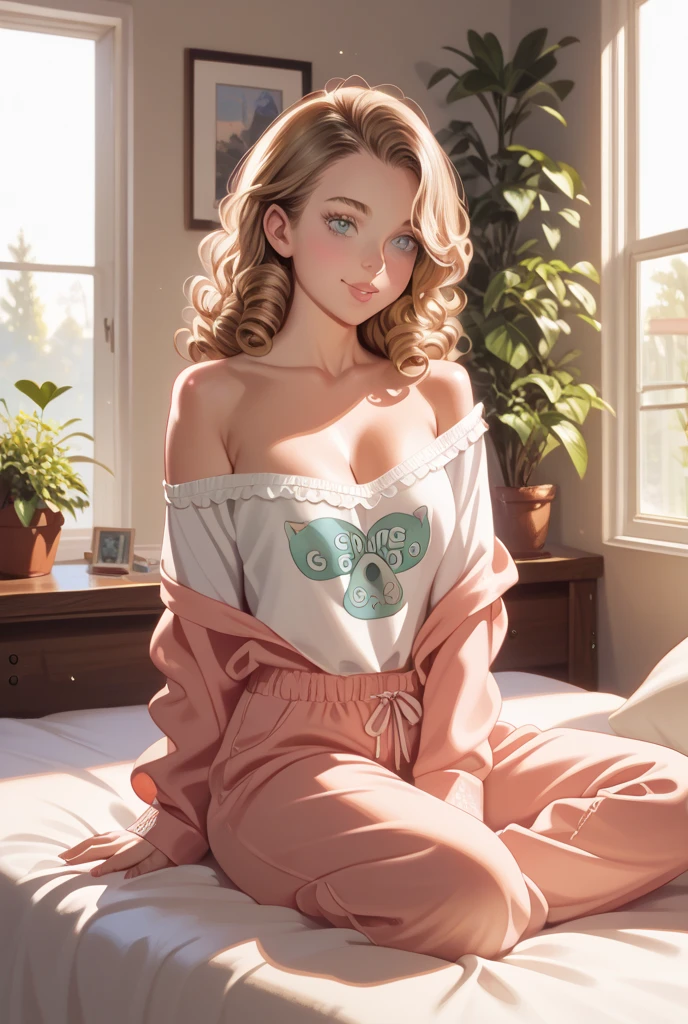 Highly detailed RAW color Photo, beautiful blonde girl in long checkered red pajamas, dynamic pose, star makeup, big blue eyes, (wide hips), (detailed skin), (detailed lips), (detailed eyes), (home:1.4), (bedroom:1.1), (home setting) (detailed face), blonde, (curvy), (midriff_exposed:1.4), (smirking:1.5), (long_red_checkered_pajama_jacket:1.6), detailed eyes, chromatic aberration, depth of field, soft lighting, masterpiece, best quality, intricate, (lens flare:0.7), (bloom:0.7), (from_below:1.4), low angle, particle effects, raytracing, tone mapped, highly detailed, concept art, smooth, sharp focus, dramatic lighting, highly detailed artwork, cinematic, hyper realistic painting, trending on Artstation, 8K, incredible shadows, realistic, (highly detailed background:1.2), art by midjourney