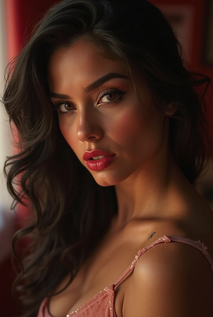 Indian sexy, red blouseonly, without clothes down, half open blouse , seductive look, seduction, biting half of his lips.