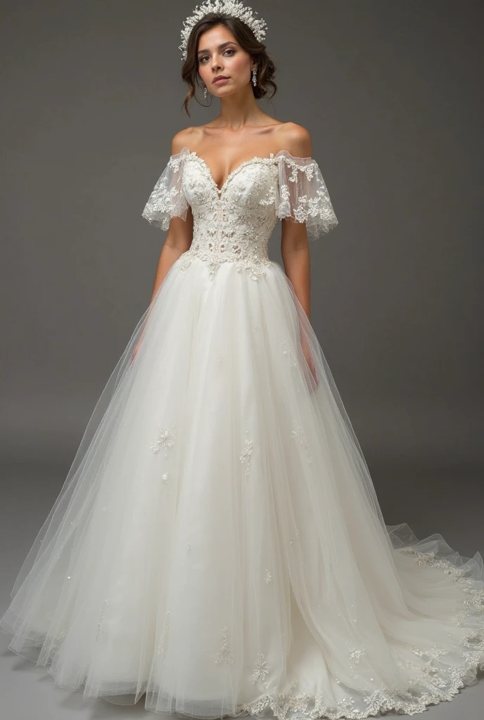 Full satin cover long elegant formal wedding dress with also full satin cover on bust part with breast and spine decolte with removable tulle arm sleeves for curly blonde short haired, green eyed woman.
