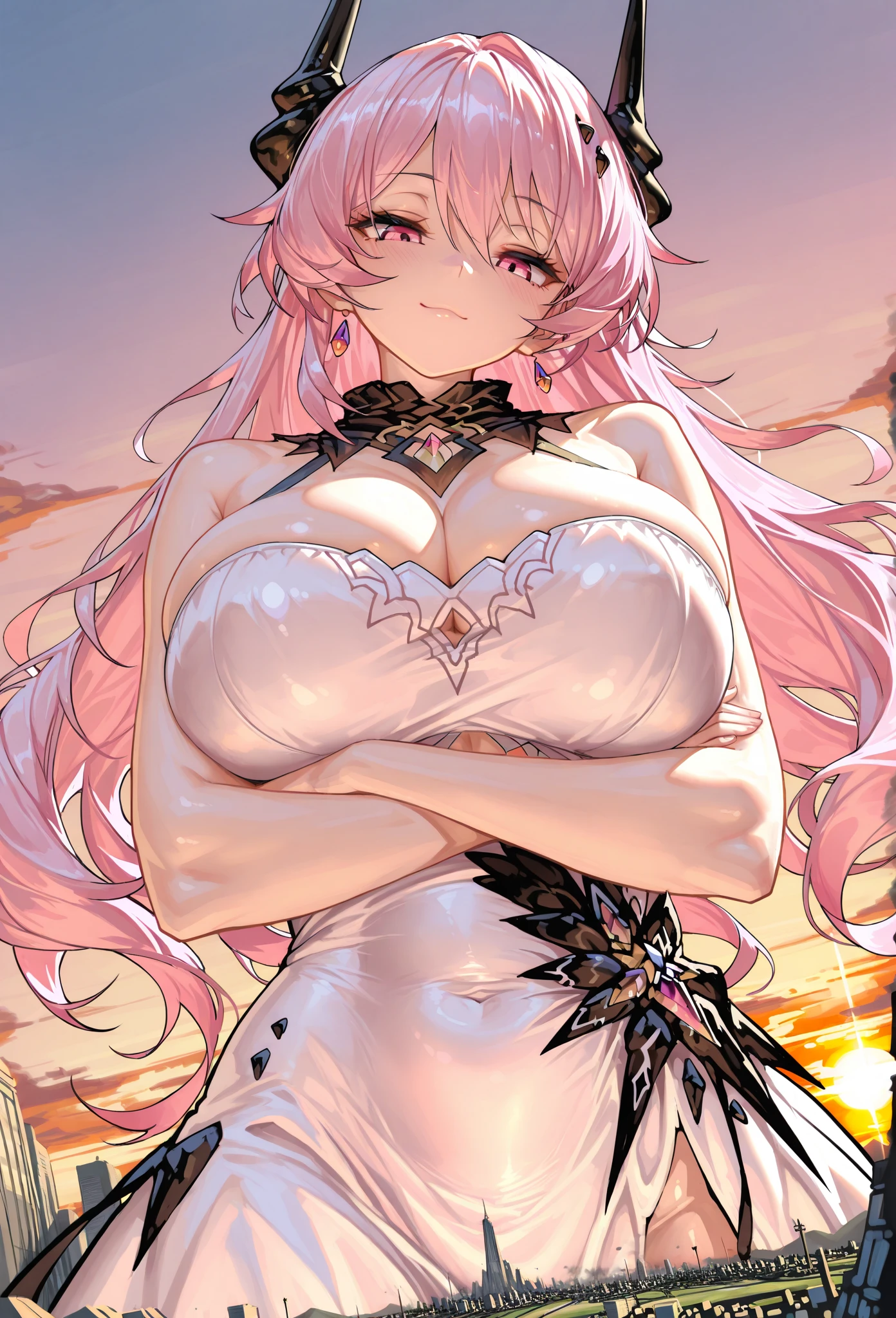a beauty girl，Light pink hair，long，fluffy hair，roundly eyes，Manga style，fulcolor，slightly larger breasts，hi-school girl，Mature atmosphere，Mature smile