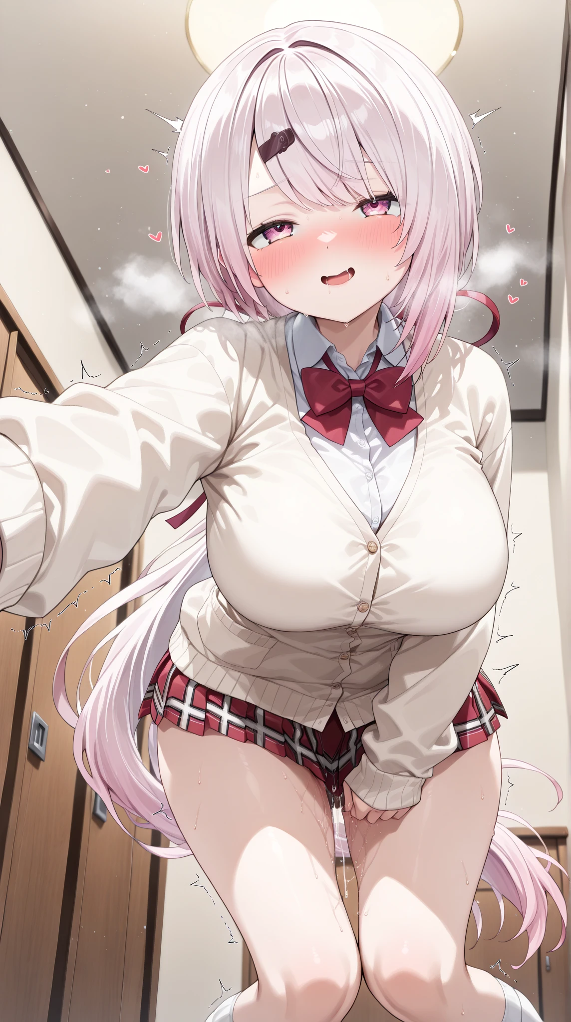 Highest quality, High resolution,8k、naked、One person、On a chair、(Having sex in the missionary position、guided breast grab)),Boobs shaking violently up and down、A large amount of semen is applied、Cool look、blush(1.9)、Sweat(1.9)、steam、Light pink hair(half-up、Half Up Hair), Sharp Eye、Blue eyes, Long Hair, Mole under eye, Beautiful breasts(0.5), bangs, Cleavage, clavicle,Big Butt, indoor, kawaii dake janai shikimori-san(anime、shikimori,Shikimori City,School uniforms(White shirt、Black sweater、Grey Pretz Skirt(Plaid)(Pulled up to her chest)、(Exposing)、(Exposed nipples))、{A close-up of the face from directly in front} One person黒人男性,Big Penis,(The man is having sex by thrusting upwards、guided breast grab)