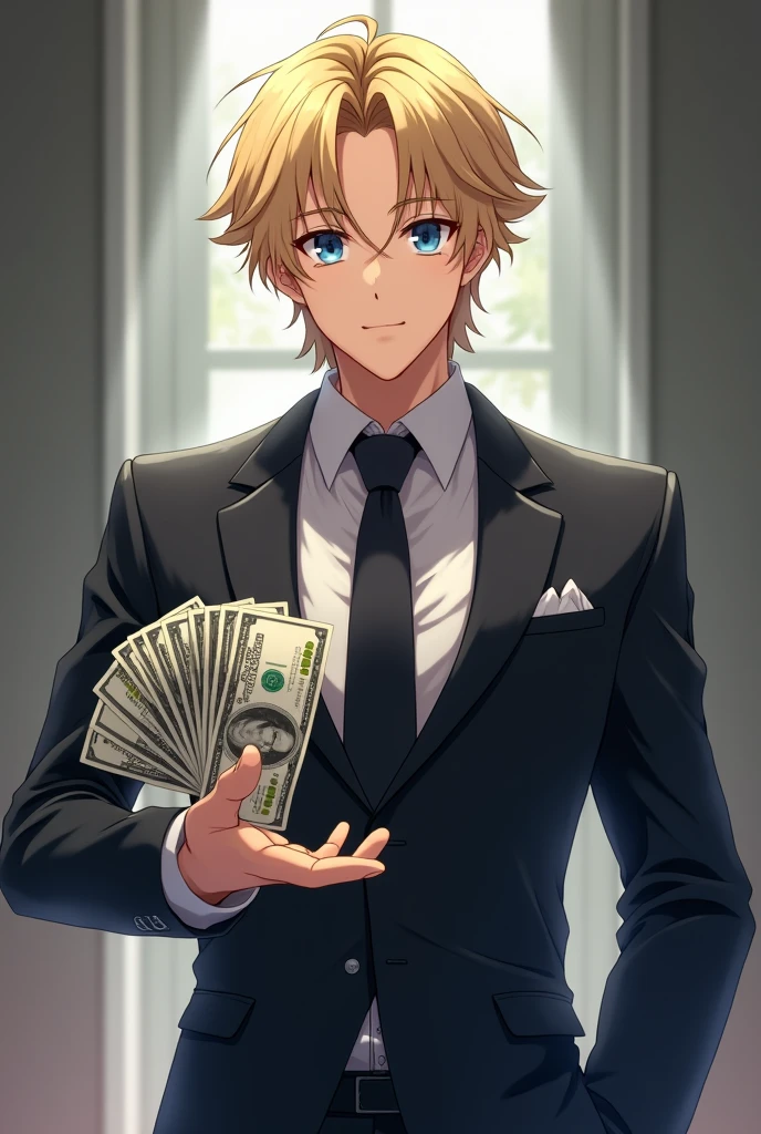 stylish,wearing a mask,fresh,Hosomi,youth,male,starry sky,wearing a suit,hearts in eyes,look sideways,Banknotes on hand