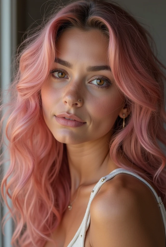 (RAW photo) night scene, close-up photo of a sexy girl, posing, looking at the viewer, smiling, pink hair in a ponytail, handsome young face, 18 yo, soft volumetric lights, soft key and fill lighting, (backlit: 1.3), (cinematic: 1.3), intricate details, (ArtStation: 1.2), skin spots, (freckles: 0.9), detailed eyes, micro details, FUJI XT3,  photorealistic, photorealism