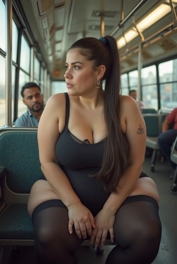 beautiful busty, dildointhong, halter neck shirts, large breasts, covered breasts, thigh high stocking with garter, full body shot, full body shot, back view from below, in the crowded bus