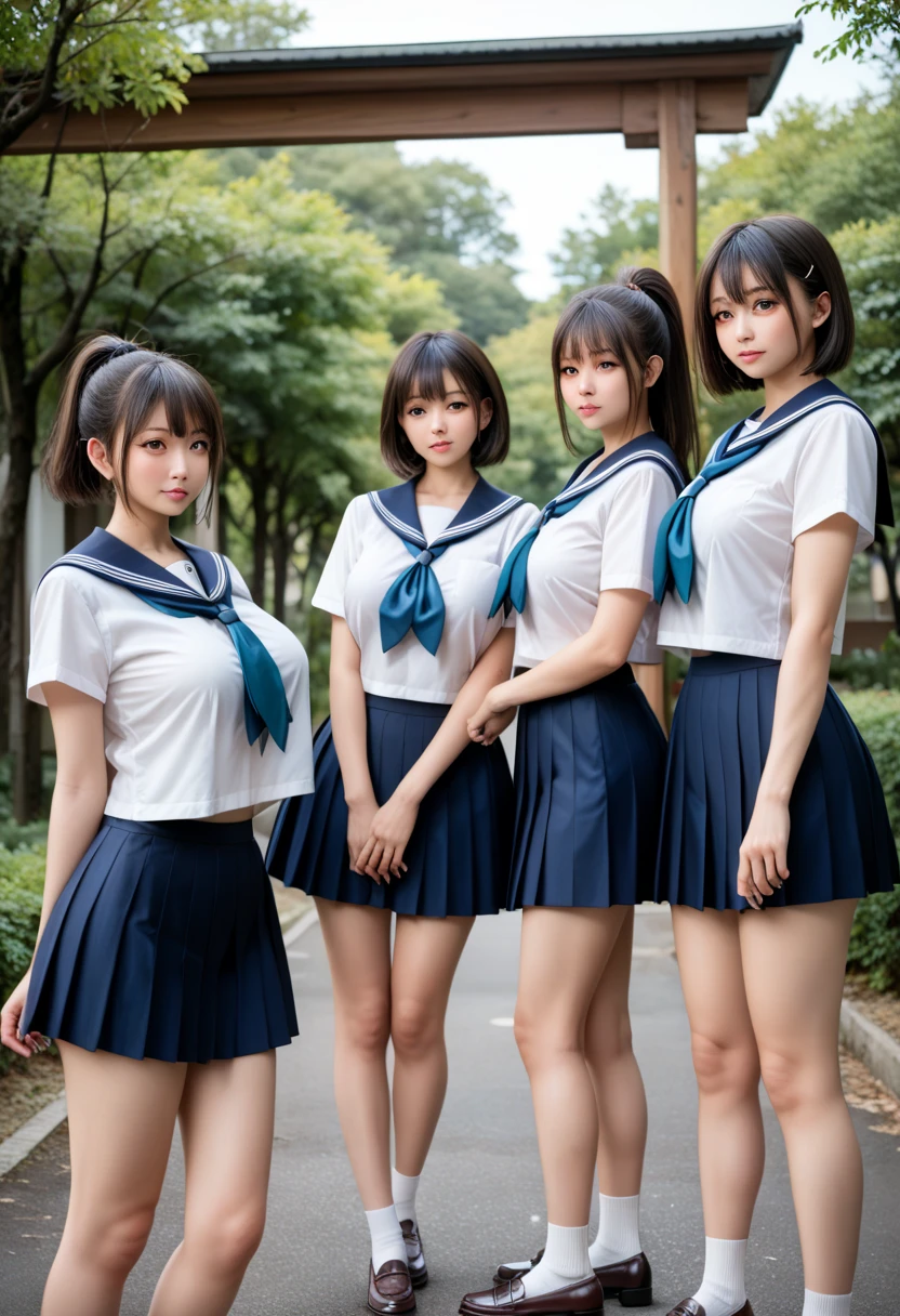 100 Girls,Crowded, Long Hair, Brown Hair, sexly, A row of girls, Girls standing in alignment, Girls only, Sisters, ((uniform。Sailor suit、mini skirt))，Full body photo:1.9， adorable， smile， Slim face, Slim body， Short Brown Hair， 32k, masterpiece， Best image quality，Ultra-high resolution，Perfect hands，Black Choker、blue eyes、bangs、Very numerous and very long eyelashes, Lots of girls、 Dependents, Fully booked, Big Breasts、Beautiful girls in sailor suits、Big Breasts、Huge breasts、Fountain Square、blue sky、Alignment、Hands on the side of the body、Stand up straight
