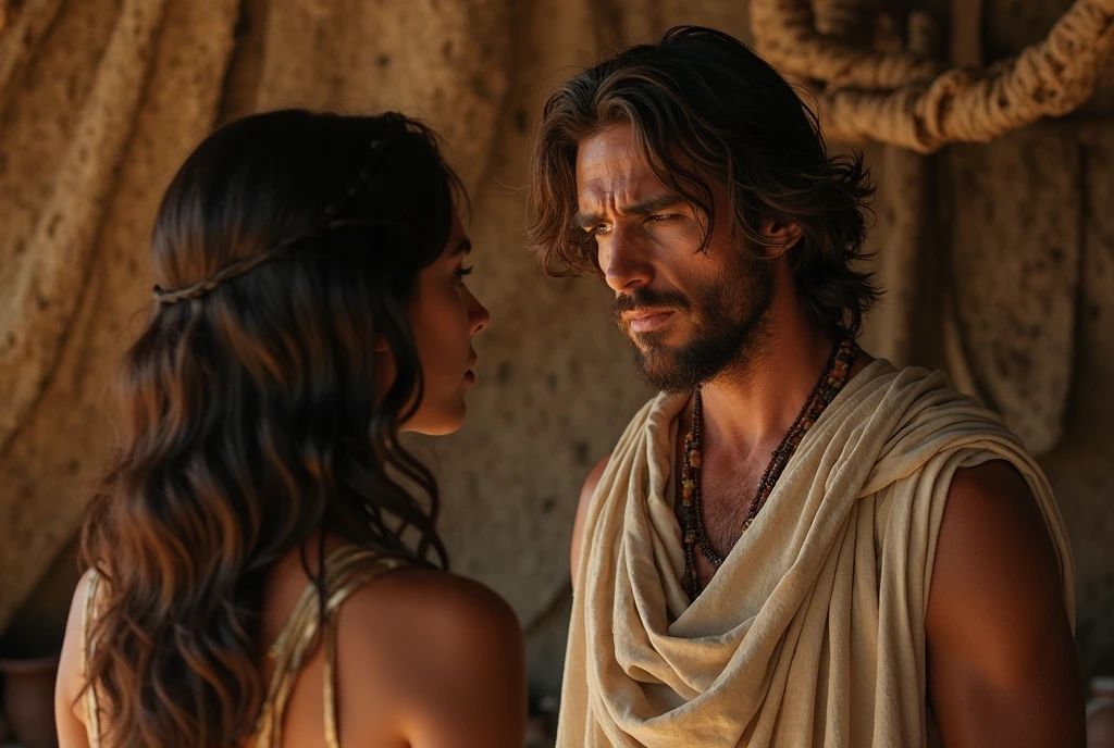 A highly detailed and realistic depiction of the wife of Cain in an ancient, primitive settlement. The background shows simple tents or shelters against a barren landscape. Cain, looking distressed and regretful, stands beside his wife, who looks at him with empathy and fear. The image captures the emotional tension and the deep bond between them, despite the fear of the unknown.