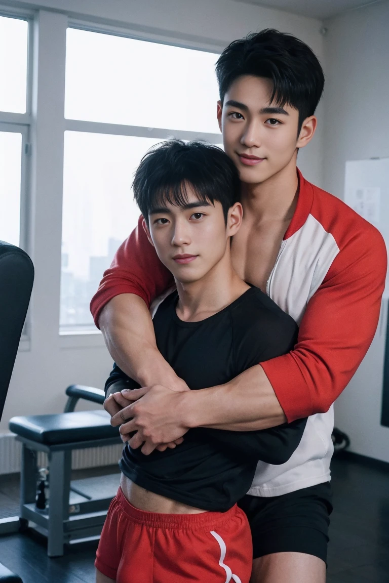 Muscular man with handsome boy in locker room