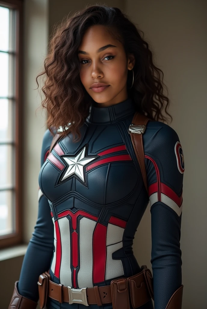 Foto hiperrealista en primer plano de Naomi Campbell as a Captain America on the city street, masterpiece, best quality, (photorealistic:1.4), full body, cinematic light, Captain America suit, cinematic light, beautiful woman, skinny, medium breasts, black long hair, detailed face, smile, facing the camera, photo taken from a distance, age of 14 years old