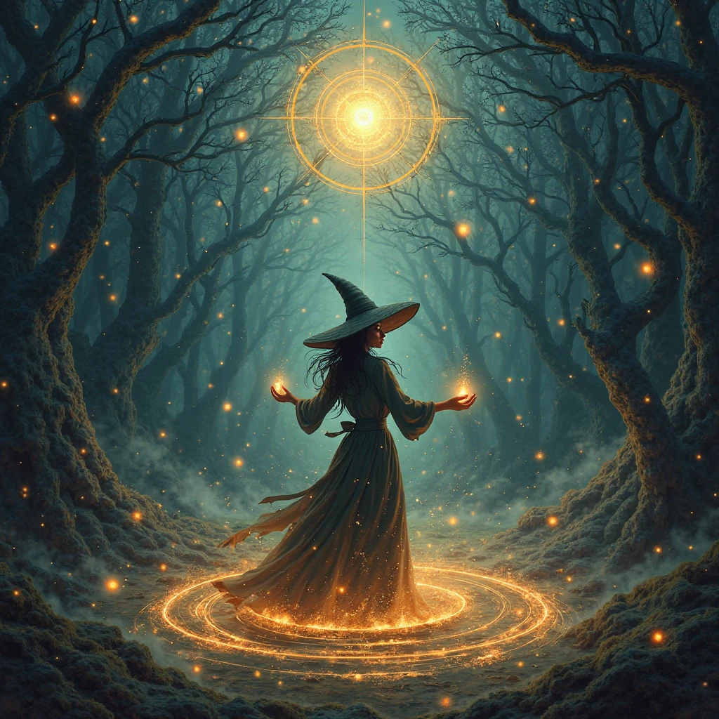 “A witch performing a spell surrounded by magic circles and floating ...