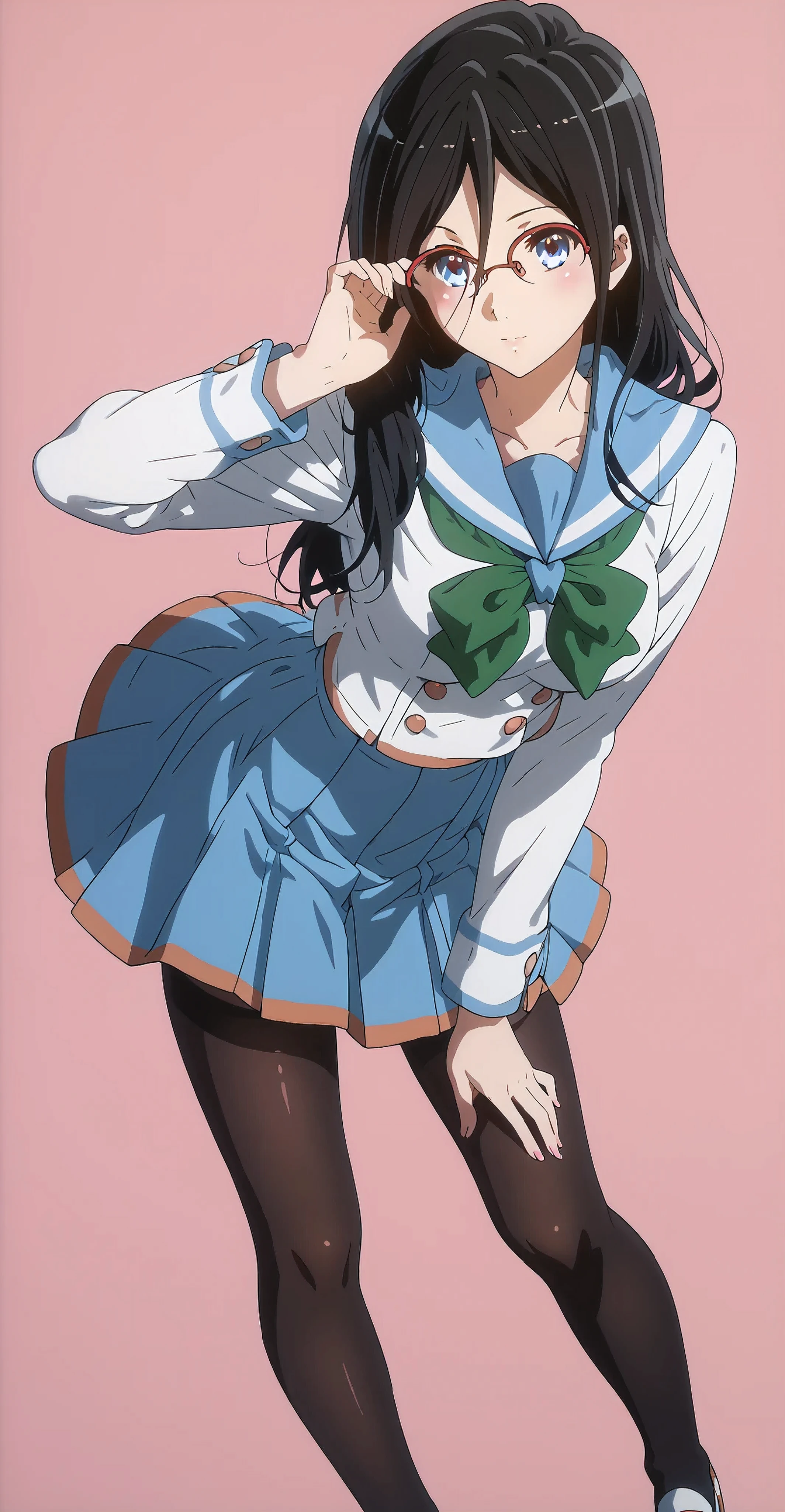 ((inspired by Asuka Tanaka:1.2)),(inspired by Kyoto Animation Style),(masterpiece, best quality),beautiful, beautiful-woman, ((detailed face)).(full body:1.3).,
((black hair)), glasses, blue eyes, long hair, over-rim eye-wear,cowboy shot, semi-rimless eye-wear, between eyes .(red-framed glasses:1.2),
The woman is wearing school uniform and black pantyhose,she is wearing a light-blue sailor-school-uniform with a green neckerchief and a light-blue skirt, sailor collar,half sleeves,