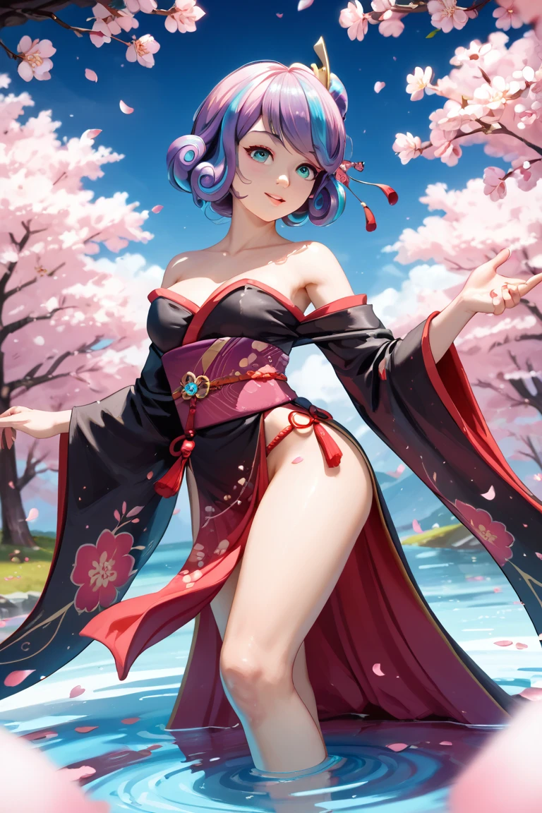 shuten douji (fate), 1girl, solo, breasts, looking at viewer, smile, short hair, open mouth, bangs, long sleeves, ribbon, navel, holding, bare shoulders, sitting, purple eyes, purple hair, small breasts, japanese clothes, open clothes, horns, barefoot, wide sleeves, kimono, off shoulder, red ribbon, cup, sash, petals, makeup, fangs, obi, bob cut, cherry blossoms, revealing clothes, alcohol, oni horns, knee up, oni, headpiece, eyeliner, leg ribbon, sakazuki, purple kimono, sake, skin-covered horns, ankle ribbon