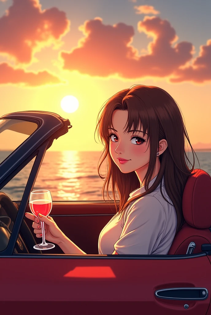 The theme is a scantily clad woman driving an open car along a seaside road.、Please draw a scene of the sun setting.。Woman wearing sunglasses、She is wearing a loose dress、The orange sea and sky spread out in the background.。