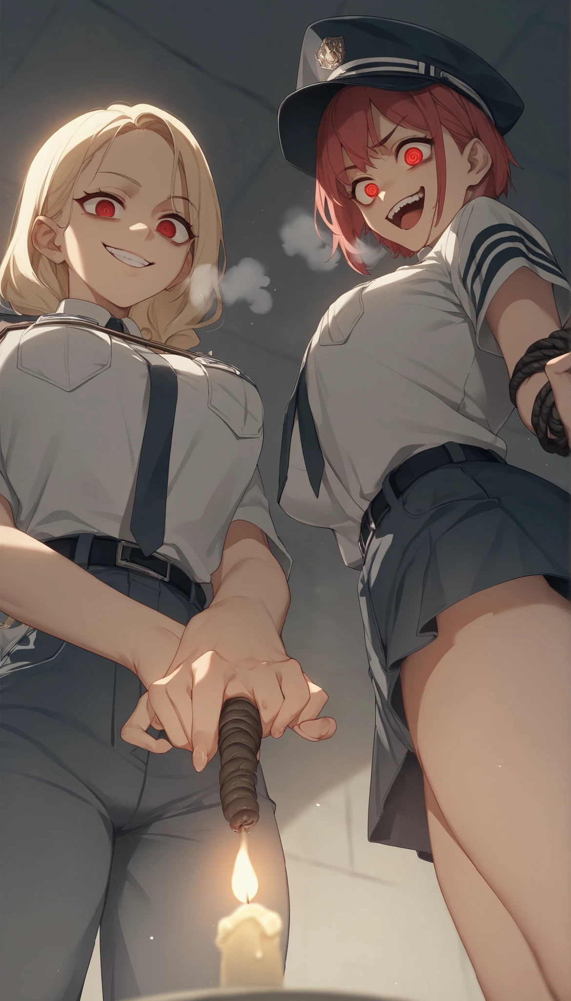 light up the room like a prison or interrogation room with a candle 、, Let's put on a female cop or cop uniform、 Panchira 、The hair color and style are random 、Red Eyes、 two women 、 they each pose with a long whip、 when creating an image 、 angle from below 、 Crazy Smile , rough breathing, crazy eyes,