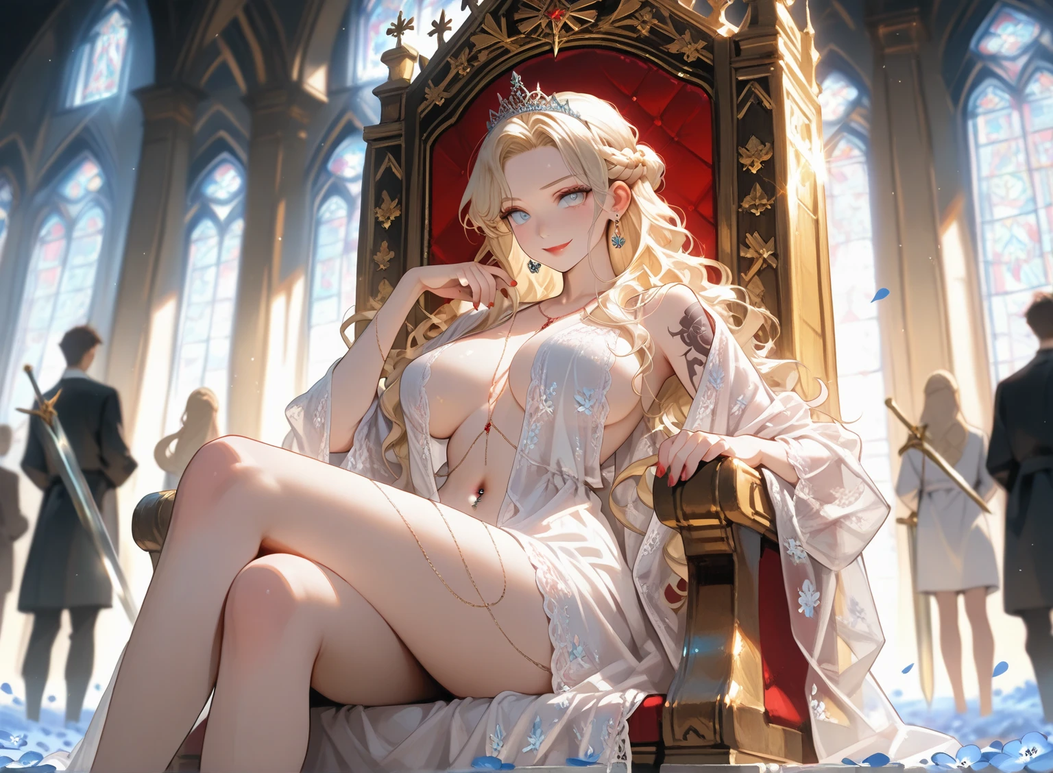 One mature platinum blonde European female with curly hair, long braided ponytail, blue eyes, full lips, detailed beautiful face, mild, 30 years old, large chest, wide hips, curvy physique, cleavage, blushing, seductive eyes, wearing open shiny white silk robe with detailed gold with silver floral pattern, sitting on wooden throne, bare legs, ((tarot cards on the bed)), sunset, red curtains, ((crystal ball on bed: 1.5)), candles, bookshelf, (((solo))), (masterpiece), erotic, seductive, bare shoulders, huge boobs,