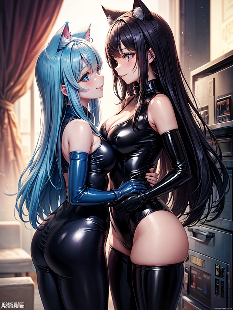 Happy woman, with wolf ears and blue hair, holding her cheeks, wolf tail, wearing a latex dress, looking at veiwer, full body, you can see her chest, naked breasts
