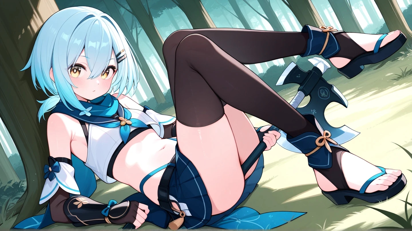 (masterpiece, best quality, ultra-detailed), SkirkGI, red eyes, long hair, white hair, blue hair, hair ornament, long sleeves, blue thighhighs, gloves, medium breasts, (in the forest), trees, grass, all fours, looking at viewer, naughty face, blush