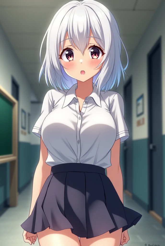 Changing clothes,Leaning forward,surprise,blush,Photorealistic 1;4,{{inwardly curled grey hair}},From back,{{Beautiful large and medium sized breasts 1:4}},high quality panties,High quality bra,Locker in the back,{{high school girl}},Black pleated skirt,highest quality,From Below,{{Beautiful ass}},pretty girl,brush,High-quality backgrounds,Slanted Eyes,Detailed shirt chest wrinkles,{{{high school girl}}},BREAK,{{beautiful blue eye1:4}},BREAK,Five fingers