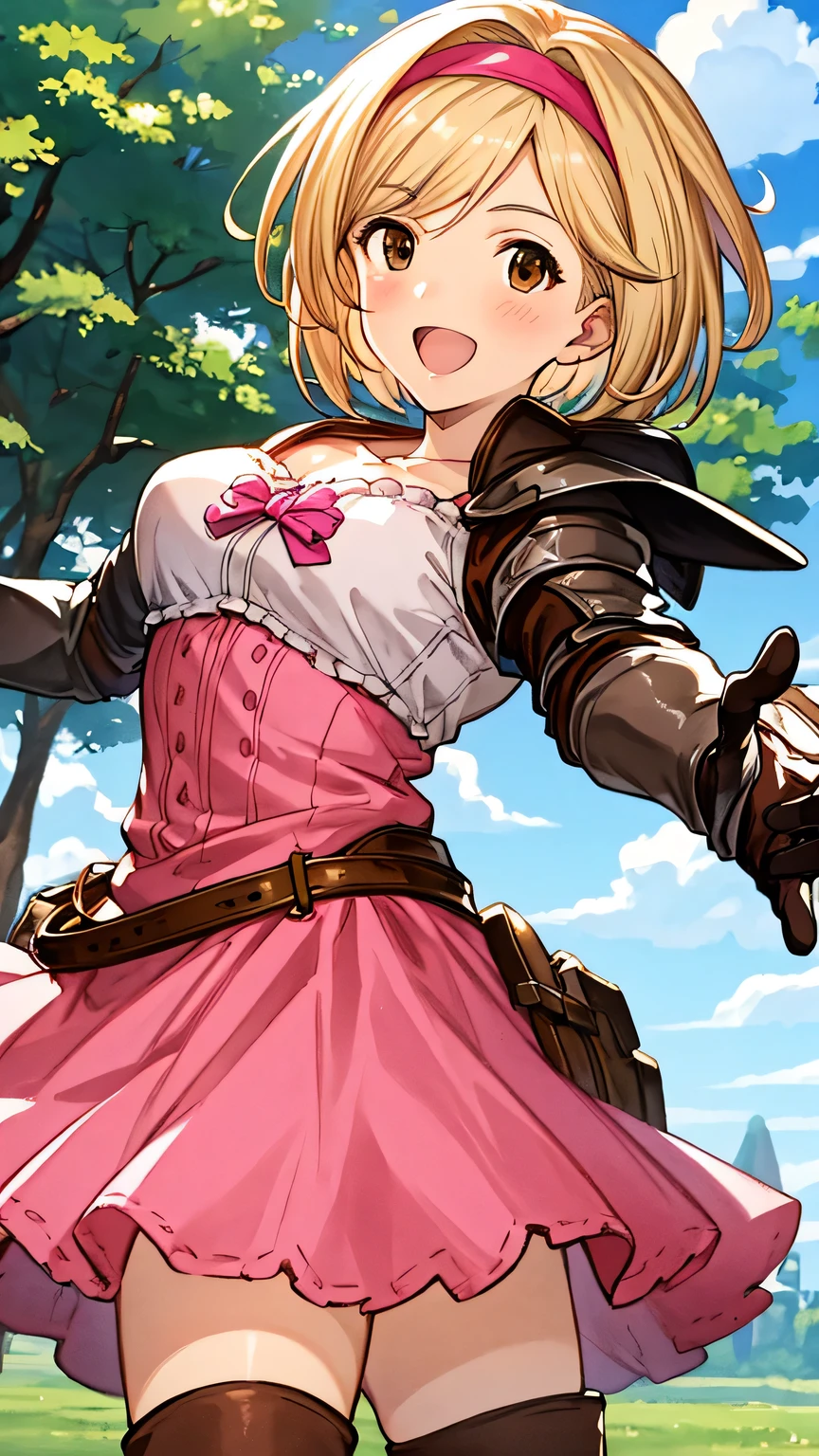 {{{masterpiece}}}, (best quality:1.5), (ultra-detailed:1.5), {illustration}, {{an extremely delicate and beautiful}}, (beautiful detailed eyes:1.6), absurdres, highres, extremely detailed face, 16k, hd, visual anime de uma jovem mulher, extremamente bonito rosto de anime, anime melhor garota, (perfect hands, perfect anatomy), anime face, djeeta, djeetadef, solo, 1girl, cute face, blonde hair, short hair, (pink hairband:1.2), (brown eyes:1.7), very big eyes, medium breasts, big hips, curvaceous, BREAK, pink dress, pink skirt, brown thigh boots, collarbones, gauntlets, armor, thighs, zettai ryouiki, BREAK, INCOMING HUG, INCOMING KISS, open hand, beckoning, reaching, blush, sorriso alegre, open mouth, visual anime de uma jovem mulher, extremamente bonito rosto de anime, anime melhor garota, sorriso astuto, outdoor, sky, daytime, forest, field, from side, medium close-up shot