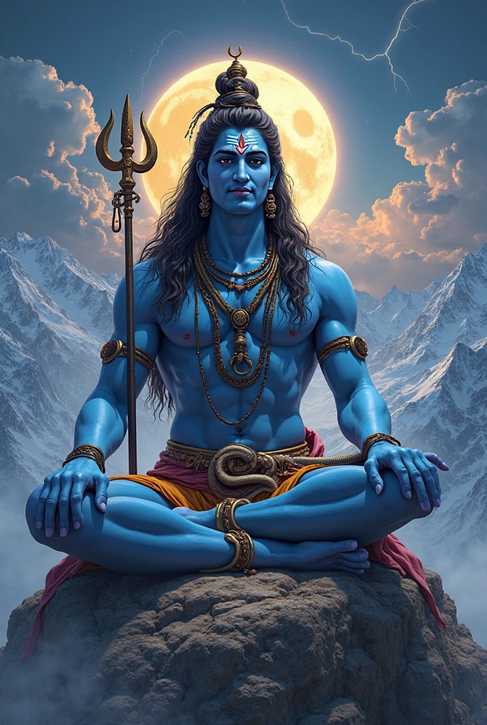 a man (fit big body ,blue body, head's eye,goddess cloth , background big om latter lite,near stand trident, background om latter)sitting on mountain flight shiva, lord shiva, god shiva the destroyer, hinduism, hindu gods, neck around snake , devainart, by Max Dauthendey, shakti, beautiful depiction, goddess art, inspired by Kailash Chandra Meher, hindu art, hindu god, nirvana, vish ,devi Parvati and bhagavan shiv shankar (hindu)
,dark stand up ,engry