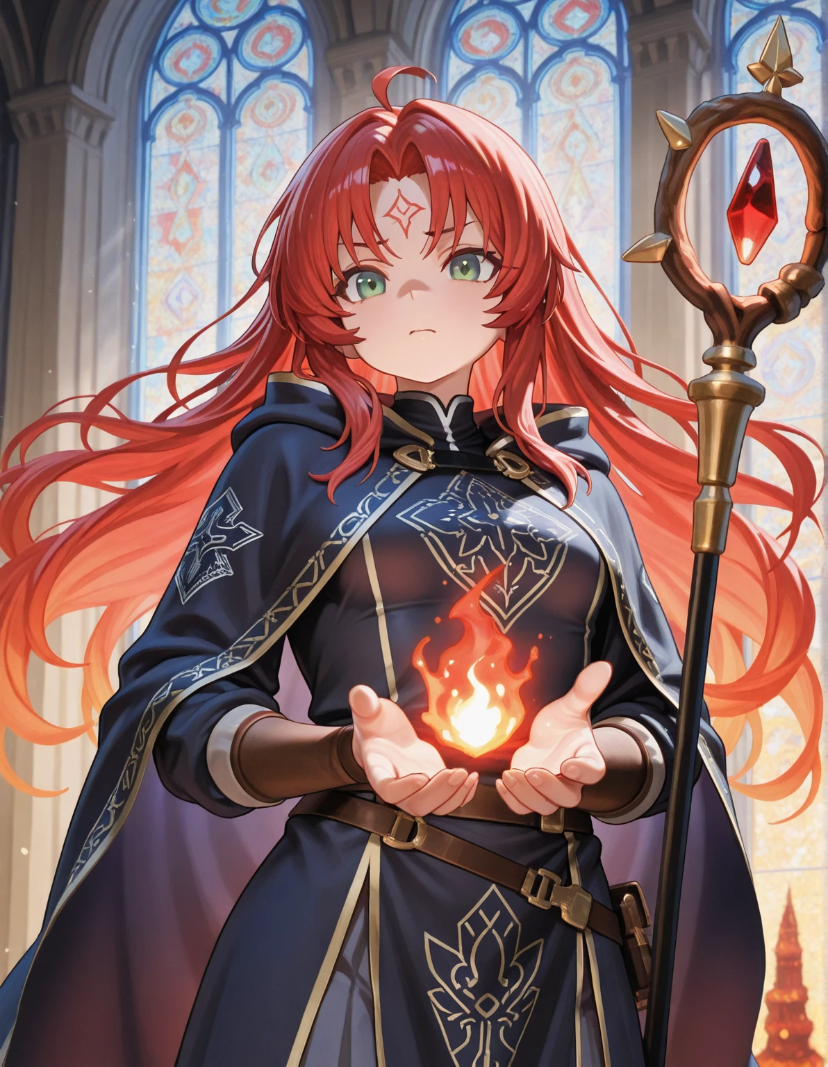 fantasy world, dnd art female, dwarf, (Masterpiece 1.5, intense details), red haired, green eyes, slightly pointred ears, braided hair,(Masterpiece, intense details),cleric, templar, casting a spell (Masterpiece, intense details dnd art) ,wearing white heavy armor with sigils (Masterpiece, intense details). Carrying a flaming axe (Masterpiece 1.5, intense details),Wearing a blue cloak with sigils (Masterpiece 1.4, intense details), holy symbol, radiant yellow light,(Masterpiece, intense details) standing near fantasy setting temple at dawn, sun, backligt, (Masterpiece, intense details) glowing light, ray tracing, reflection light, silhouette, wide shot, panorama, Ultra-Wide Angle, award winning, best quality, HD, 4K, high details