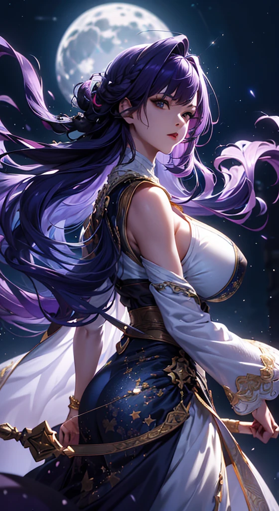 the night,Xianxia World,From below,over knee socks,rays of moonlight,Shine on the side of the girl's face,chase, play, play,22 year old,realisticlying,She wears a colorful Hanfu long dress,Wide sleeves,Off-the-shoulder attire,One shoulder,Expose the lateral breasts,huge tit,Exposed cleavage,Extra-long colorful hair,Color gradient for long hair(1.5),Messy hair,Hair pressed under the body,Barefoot,realskin,realcumAI,Snow-white skin,Snow-white thighs,Top image quality,Extreme light and shadow,Black tights,Handsome pose