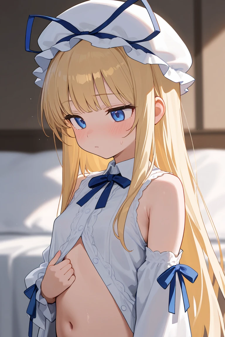 best lighting, absurdres, masterpiece, best quality, ultra-detailed illustration, absurdres high detailed face, medium breast, long blonde hair, maid costume, apron, maid apron, maid headdress, short dress, detailed blue eyes, twintail, indoors, window, shy, blush, cute,  BREAK (bare breasts:1.7), (off shoulder :1.3),(small breasts), (cum on clothes:1.3),(woman on top a man, vaginal , sex:1.5),( gangbang:1.6), (cum in pussy:1.3), on back, lying on the bed, looking at viewer,, pussy, pillow, uncensored, back arms, pov, spread legs, bangs, solo focus 