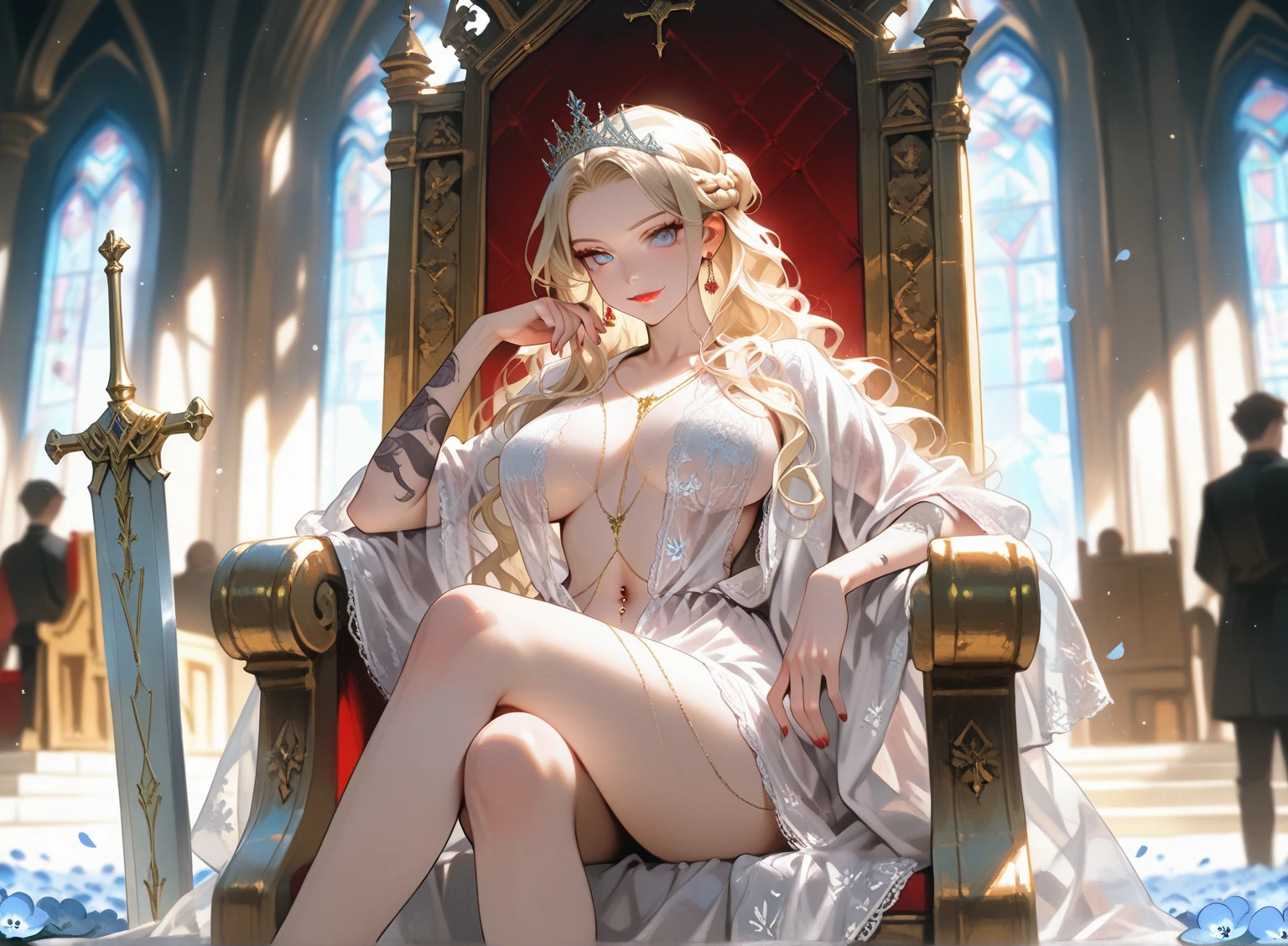 fantasy style, aristocrat girl, beautiful, slender, sexy, big breasts, makeup, expensive luxury fantasy dress, long high-heeled boots, lace stockings, in the room, sitting in an armchair, hentai