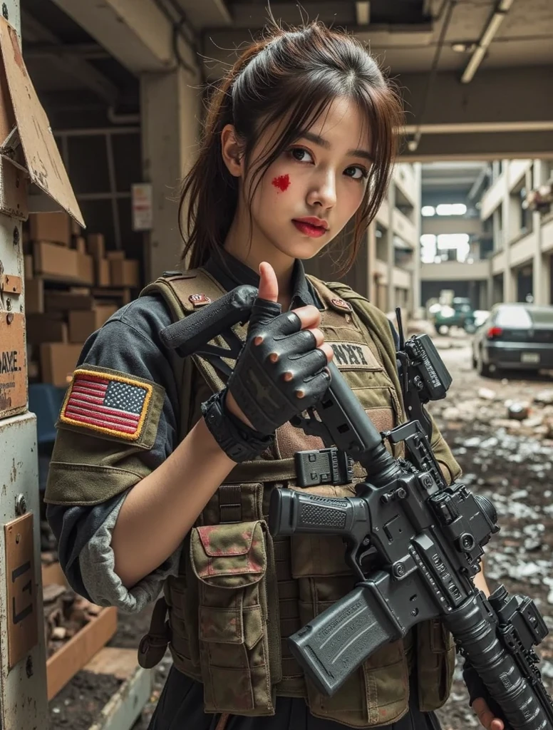 8K, realistic photo, realistic skin texture, Beautiful Japanese women in the US military、Outside the ruins of a giant American supermarket、Operation End、Car buried in rubble、Automatic rifle、Bulletproof vest、Exhaustion、Giving a fist bump to other team members、Rescue the hostage safely、backpack、boots、Covered in scars、Dynamic pose、Innovative composition