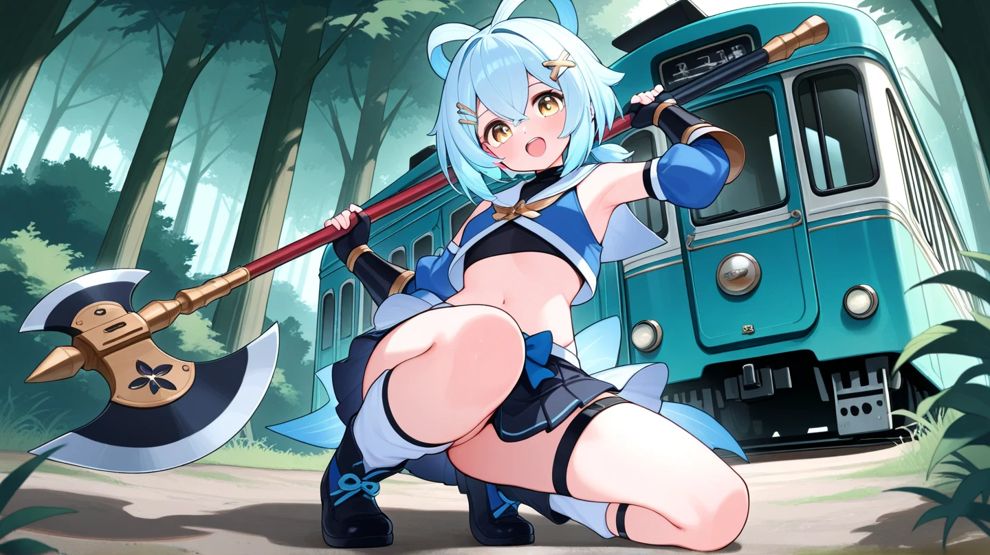 (best quality,4k,8k,highres,masterpiece:1.2), ultra-detailed, realistic:1.37, HDR, studio lighting, vivid colors, bokeh, a girl on the top of a cliff, Hands on knees,beautiful girl,\(pokemon\), beanie, long hair, blue hair, blue eyes, detailed eyes, beautiful eyes, black sleeveless shirt, pink scarf, pink skirt, white panties, pink boots, body shape, chubby thighs, belly botton, looking into the abyss, View from below