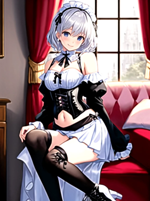 full body,(garter belt:1.4), (In front of the bed:1.5),  (Purple underwear:1.3), highest quality, 4K, High resolution, masterpiece:1.2, Super detailed, HDR, Studio Lighting, Sharp Focus, Bright colors, Portrait, Bokeh, Warm tones, Soft Lighting
