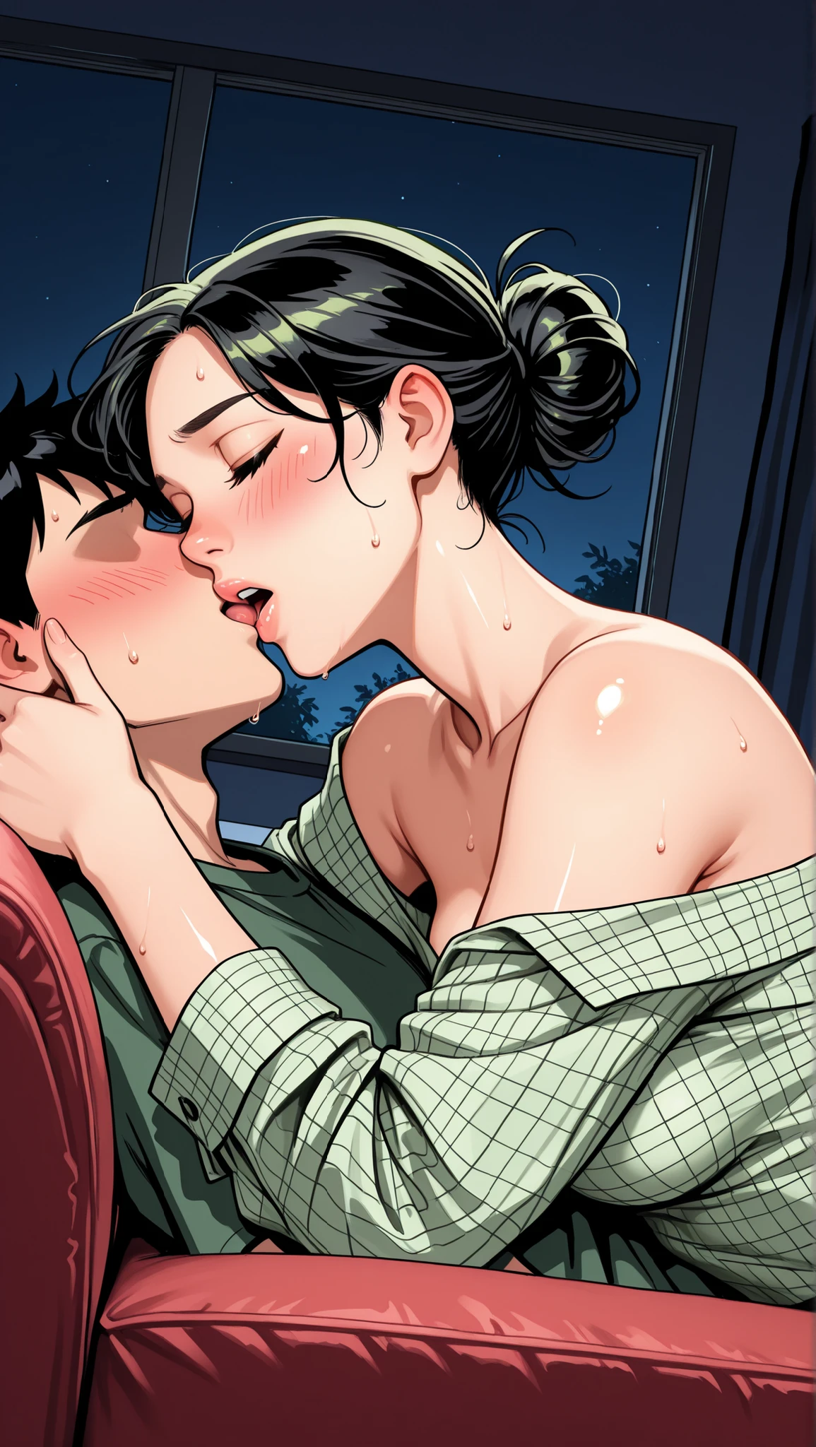 score_9, score_8_up, score_7_up, 1woman, solo, hair, closed eyes, glossy lips, smokey eyes, black hair in a messy bun, lovely medium breasts, perfect body, oversized olive green checked shirt, messy clothes , exposed shoulder, sweat, female organism, open mouth, looking at viewer, head tilt, nose blush, blush, flustered, indoor, bedroom, night time, late night, shiny skin, against couch, lying down, upper body, 1girl, 1boy (faceless, face on girl's face,
intense kiss, deep kiss, kiss ), hug. Dutch angle.