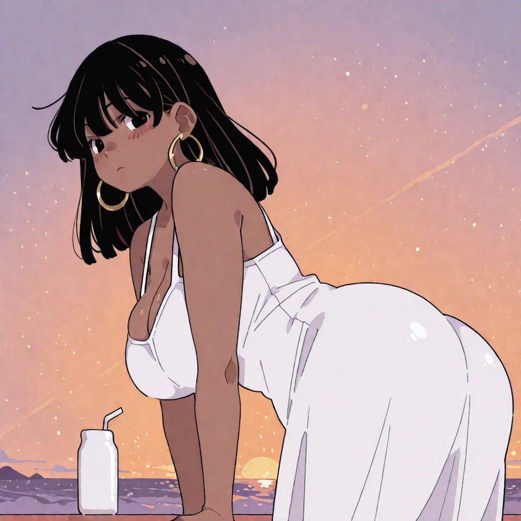 score_9, score_8_up, score_7_up, score_6_up, source_anime, BREAK 1girl goth mom, all black hair, hair over eyes, black lipstick, spider pattern sundress, bare shoulders, cleavage, front view, window, night sky, (tube top:1.3), dark skinned woman, Attractive thighs, Attractive waist circumference, Perfect Anatomy, looking at viewer, (mature female, milf:1.2), narrow waist, open cleavage, beach setting, walking on the beach,