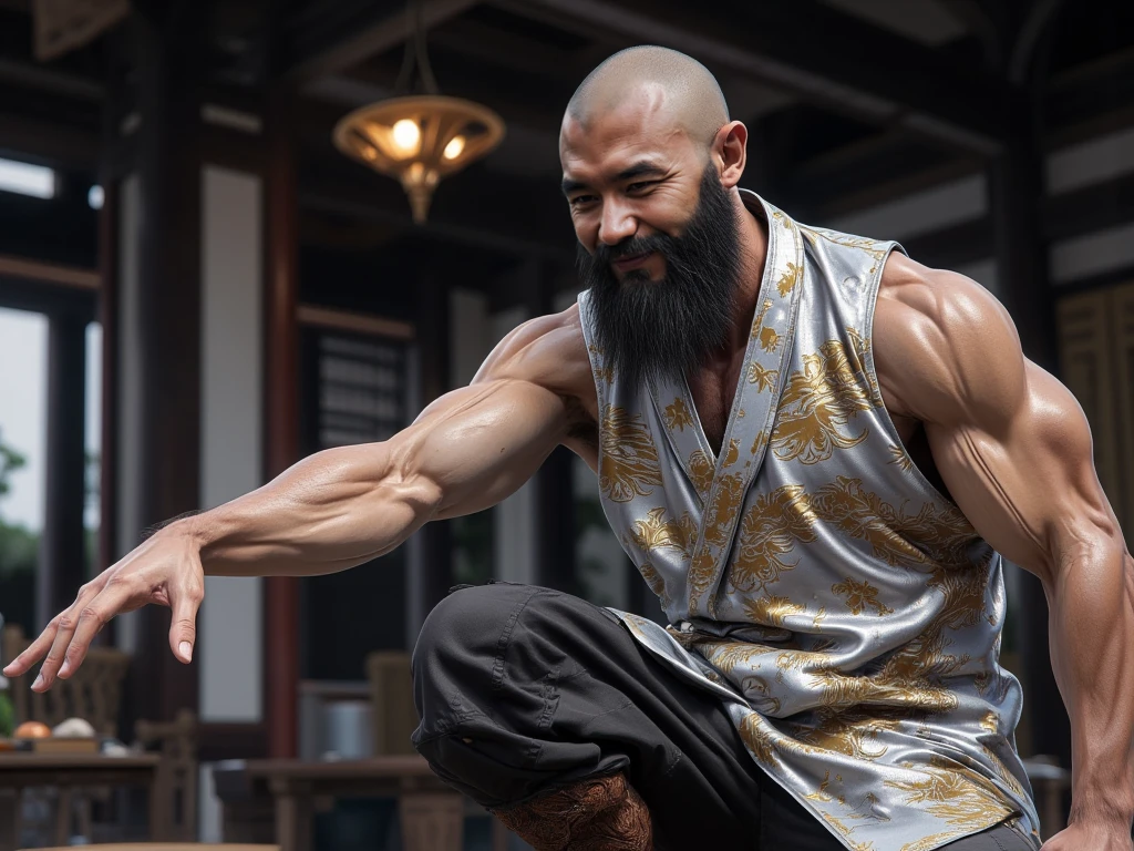 1人, full bodyesbian, Short gray hair, musculature, Strong bear,Strong,Facial hair,National character face,Beard, monk clothing,Naked, perspire,Wet the whole body,Felling trees, (Masterpiece, Best quality, A high resolution, Ultra detailed ), depth of fields,and the sun was shining brightly,rural village background,Sweat wet clothes,Naked,enjoying,Homem de meia idade,50yearsold,grandfatherly。