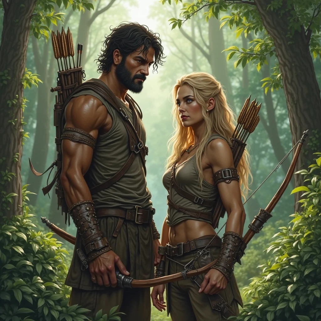 (Tarzan, tall, muscular caucasian man, tanned skin, chest-length black hair, doeskin loincloth, grey eyes) images extremely realistic 8k 32k by tree exposed to sunlight leaves of the tree extremely realistic HD image cinematic scene extremely realistic skin (put next to Jane, caucasian woman, blond hair, green safari clothing) (looking at each other longingly), lrealistic image 8k perfect skin extremely realistic exposed to the sun 8k 32k