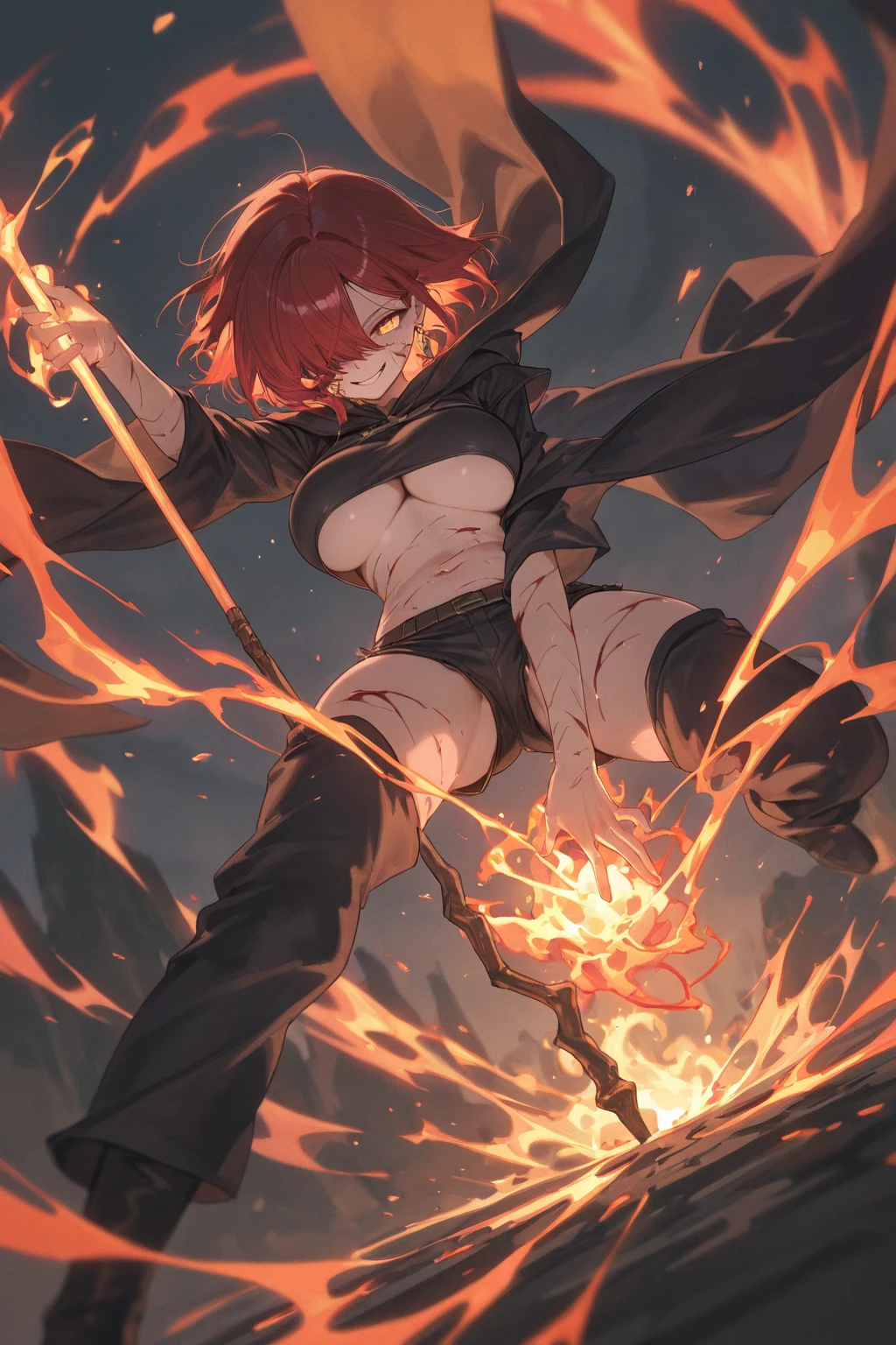 naked woman, red hair, fighting stance, sword in hands, jump attack