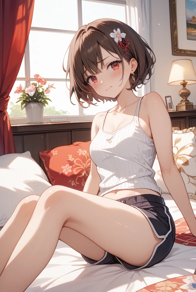 (Highest quality, 8k, masterpiece :1.3),Lizaリン・シュタウト(Lizaのアトリエ),Liza, One woman,Large Breasts,short hair,Brown Hair,hair band,Clothing,hat,White shirt,White camisole,Red shorts,Brown long boots,nsfw,Plump body,Thighs,Full Nelson Pose,Armlock,Piledriver