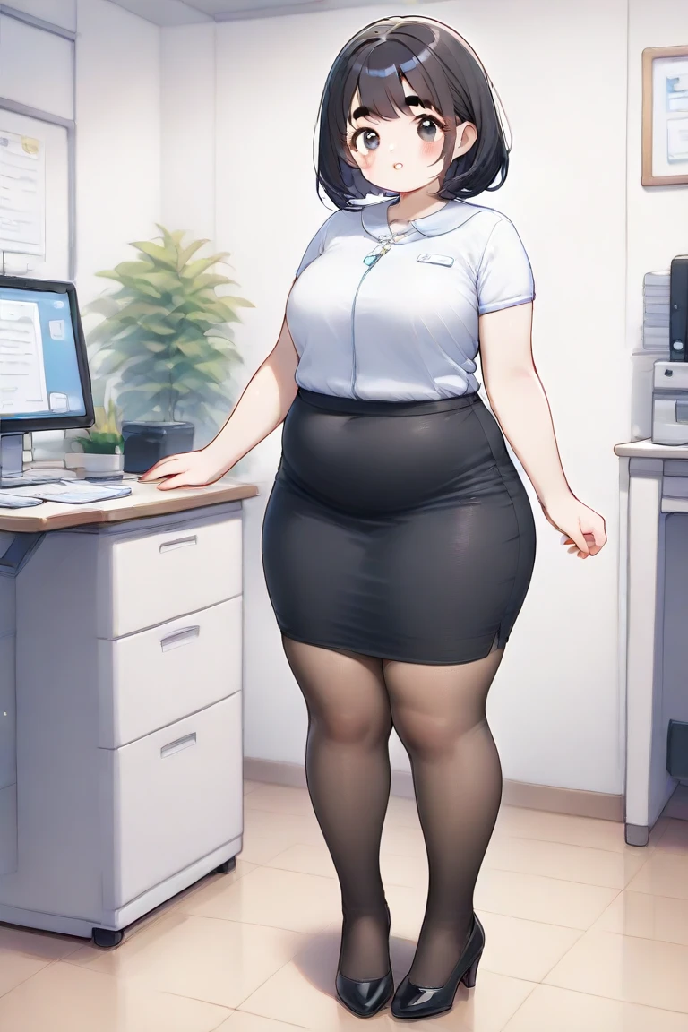 ((high aesthetic, art by BetterWithSalt)), 1girl, aqua blue hair, hair in a bun, blue eyes, black pencil skirt, dress shirt, (black tights), cute smile, ((fat)), (wide_hips), fancy office background with lots of windows, (best quality, masterpiece)