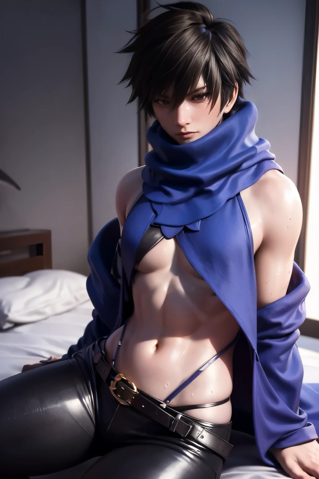 1boy, closeup crotch shot, sexy spread legs, toned, sharp wolf ears, wolf tail, messy hair, masterpiece, vibrant, black boots, serious expression, thigh highs, black micro thong, bulge, bare chest