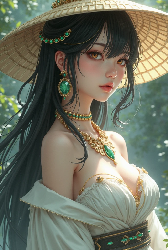 1girl, (solo:1.4), standing, wearing haori on shoulder, (gigantic breasts:1.2), floating glowing ball, tall hat, detailed face, looking at viewer, dark background, cherry blossom tree, shinto shrine gate, renaissance elegant red and black, gold details, tied medium length wavy ebony hair, red pupils, gothic, full body,