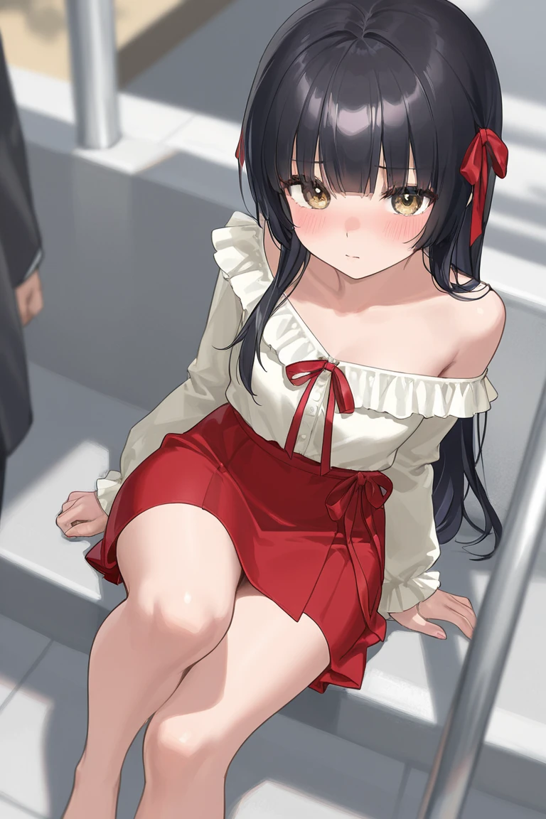 squatting,open legs、Legs2Book、Panties with horizontal stripes、M-shaped legs、Spread your legs、sit on the step、In town、bustling street、cap、Shoulder bag、mini skirt、Private Server、Girl、Girl、Younger、Baby Face、flat chest、forehead、Dynamic Angle、Squinting、Glaring、ground