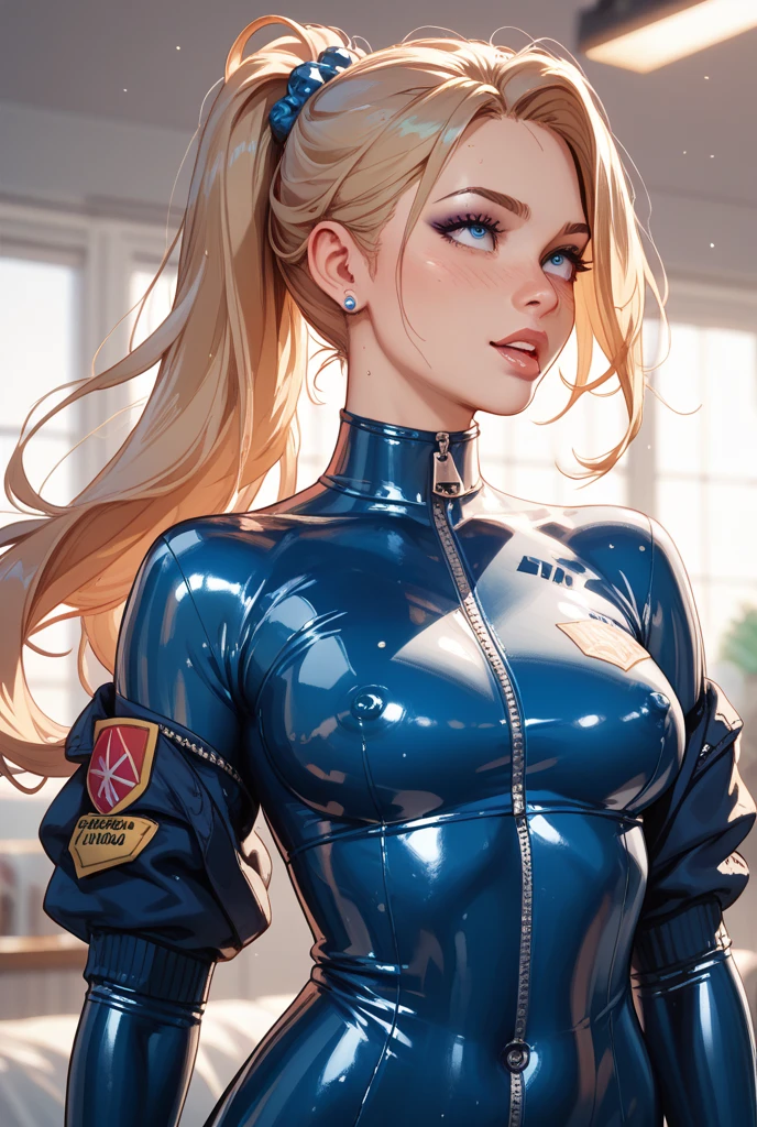 Dark brown curly white girl, leather jackets、a smile、top-quality、beautiful a girl、blue eyess、huge tit、hyperdetailed face、super-detaild skin、leather pant