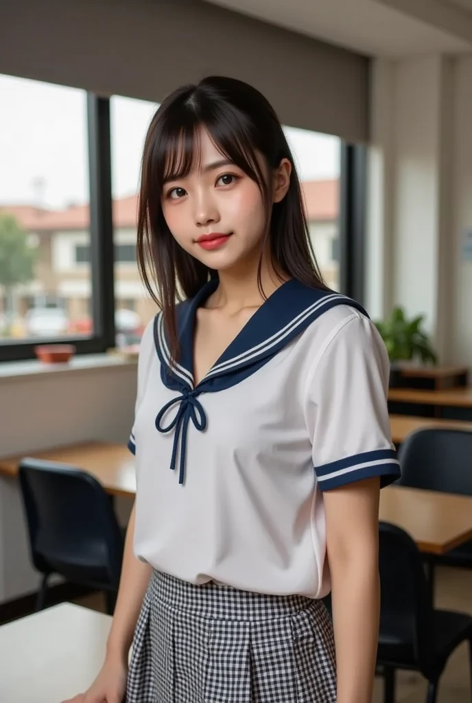((Best quality, 8k, Masterpiece :1.3)), 1girl, classroom, round face, Pretty woman,Huge breasts,Super Short Hair, Perm Hair,Giddy Smile,sailor suit, Ultra-detailed face,Full Body Shot, Full Body Shot, cute eyes, Double eyelid