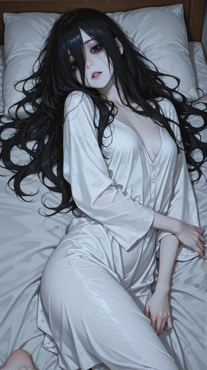 The stunning Chitanda Eru, purple eyes, black hair, Naturally straight hair, straight bangs, extremely refined，adult face，lips slightly open，flowing long hair，Peerless beautiful girl, dreamlike，Slim，soft, (Sensual), (kawaii), dream quality，Bare thighs，White nightgown，bare chest，not wearing underwear，ultra high resolution, (masterpiece:1.2, best quality), (Exquisite and beautiful eyes: 1.2), (Beautiful and delicate face)