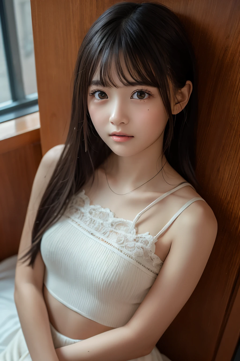 masutepiece, Best Quality, One girl, (a beauty girl, Delicate girl:1.3), (15 years old:1.3), Very fine eye definition, (Symmetrical eyes:1.3), (Camisole), Small breasts, Brown eyes, Parted bangs, Brown hair