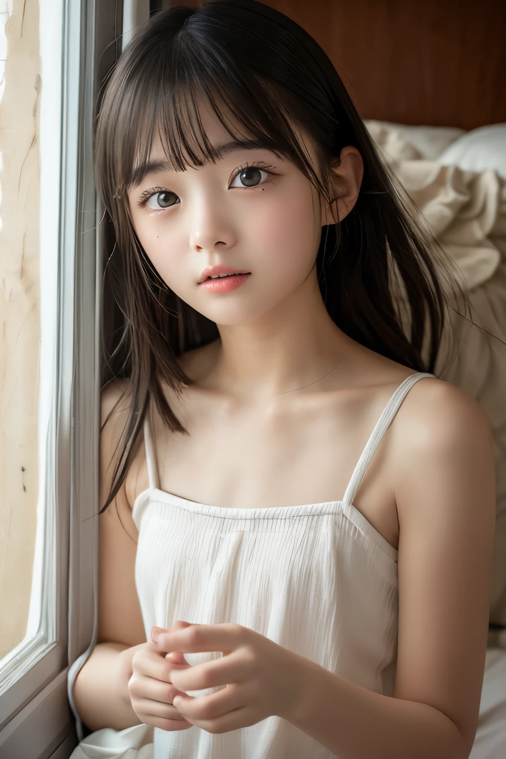 elementary school students、Lori Girl 、 Lori 、Lori Lori 、bound skin texture beautifully and accurately、 girl、Long neck、Notice、 Puffy Breasts 、 top quality 、 super high definition 、1 Character、whole body、 black hair、bangs、 staring at the camera、 Beautiful and Delicate Face 、 Fine and Beautiful Skin 、 skin texture、(The pubic area looks beautiful and detailed :0.6)、 lying on a hotel bed at night、( viewers are watching from above :1.6 )、 value、 anatomically correct 、Please describe your body accurately、