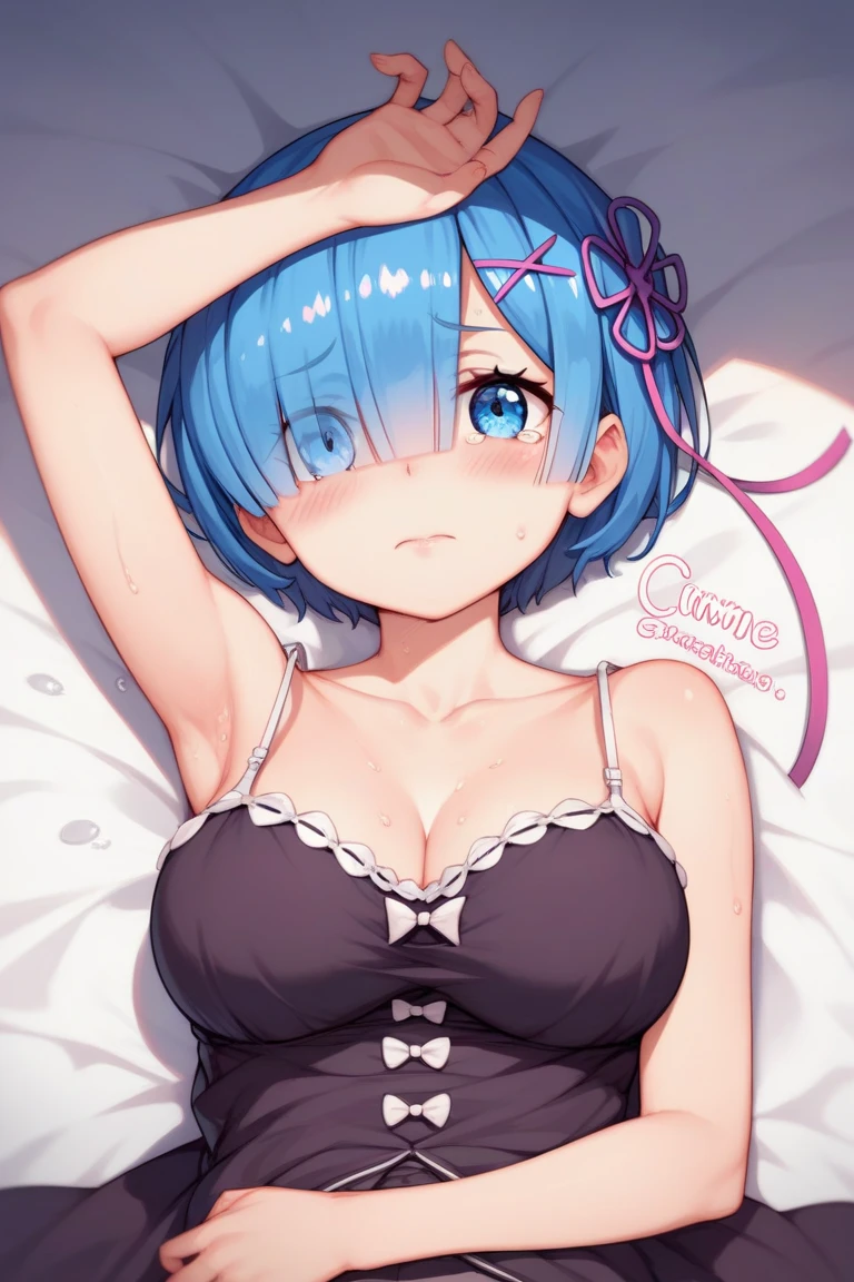 masterpiece, Highest quality, Rem, One Girl, White Lingerie,Beautiful Eyes,Blue Hair,Upper Body,On the bed